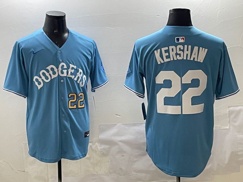 Men Los Angeles Dodgers #22 Kershaw Light Blue Joint Name 2025 Nike MLB Jersey style 10